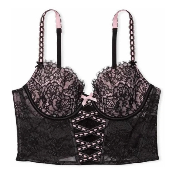 New! Victoria's Secret black pink lace bustier corset bra 19969 - Picture 1 of 13